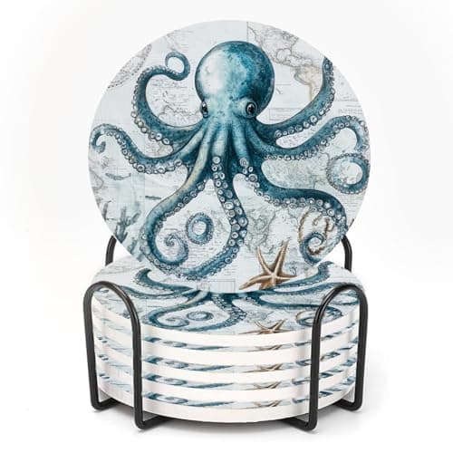 Image of ubcindy Unique Octopus World Map Nautical Coasters for Drinks Set of 6, Round Absorbent Ceramic Stone Coaster with Metal Holder and Cork Base for Coffee Table Parties Desk Kitchen Home Decor Gifts
