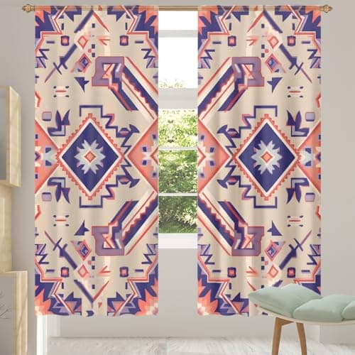 Image of TropicalLife Retro Ethnic Aztec Geo Semi Transparent Sheer Curtains - Slot Top Voile Curtain Panel for Living Room & Bedroom Window Treatments(55 "Wide x 84" Drop 2 Panels)