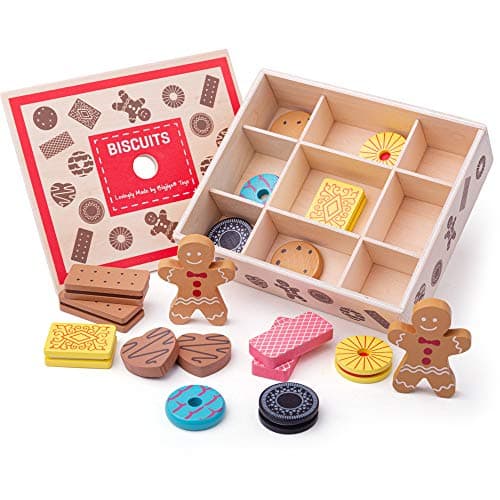 Image of Bigjigs Toys Wooden Biscuit Box | Food Pretend Play Accessories for Kids Kitchen Sets | Great for Tea Party & Cafe Role Playing Games | Toddler Gift for 3+ Year Old Children | Educational Playset