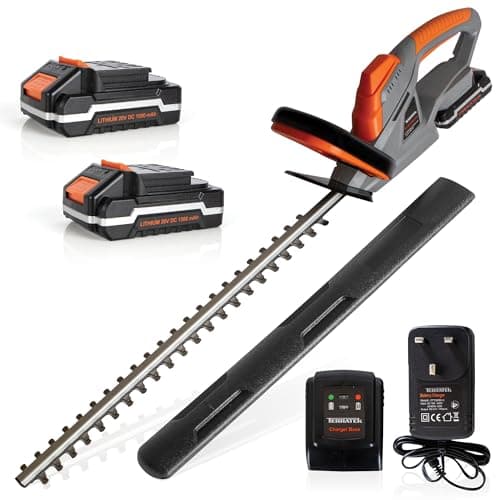 Image of Terratek Cordless Hedge Trimmer 20V 1HR Fast Charge 51cm (510mm) Cutting Length, Hedge Trimmer Cordless Hedge Cutter with 2x Batteries and Charger Included