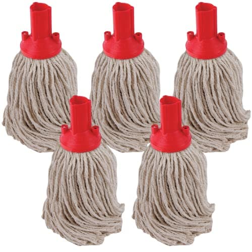 Image of Red Disposable Cotton Mop Head Replacements PY Yarn Traditional String Mop Heads Self Threaded Socket Screw Mop Head - Colour Coded - (Pack Of 5) (Red)