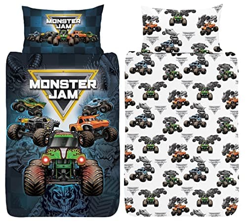 Image of Monster Jam Single Duvet Cover - Grave Digger, Max-D, Megalodon, Dragon & El Toro Loco Design - Officially Licensed Reversible Bedding set with matching Pillowcase - Polycotton