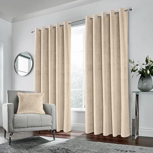Image of Enhanced Living Hampton Premium Velvet Cream Blackout Curtains for Bedroom - 46x54 inch (117x137 cm) Supersoft Eyelet Curtains for Living Room - 2 x Curtain Panels