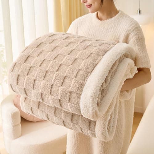 Image of Gracelife Sherpa Throw Fleece Blanket, Soft Fluffy Blanket for Couch 80”*90”, Large Thick for All Season Use, Beige