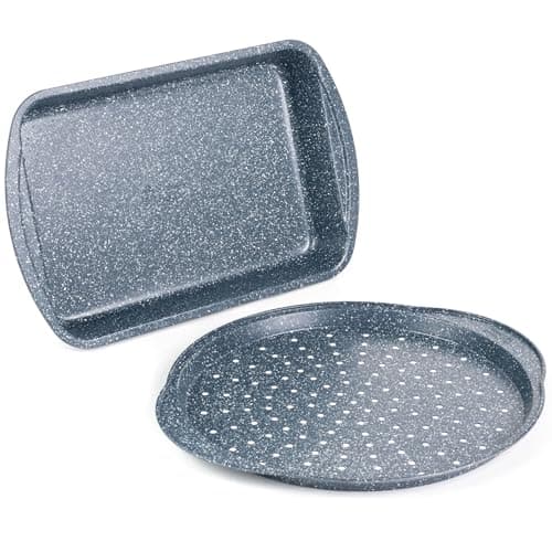 Image of Russell Hobbs COMBO-5440 Nightfall Stone Pizza Tray and Roaster - Non-Stick Oven Trays, 37 cm Perforated Baking Pan with 38 cm Deep Roaster, Carbon Steel Ovenware, Oven Safe Up to 220°C, PFOA-Free
