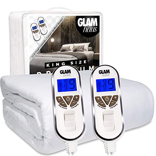 Image of GlamHaus King Size Electric Blanket Dual Control Fitted Heated Mattress Bed Under Cover With Elasticated Skirt, Premium White Diamond Quilted, Dual Control, Machine Washable (King)