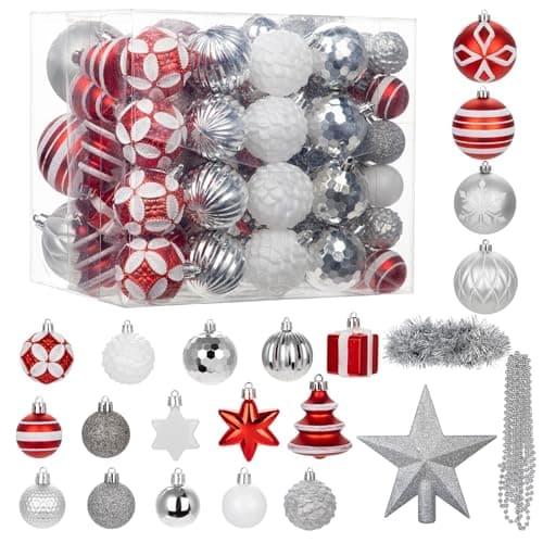 Image of Hollyone 100 Pcs Christmas Bauble Set with Star of Bethlehem, Assorted Shapes & Sizes Xmas Ornaments for Tree Decorations, Red White Silver Christmas Balls for Party, Centerpiece, New Year