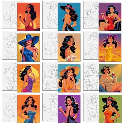 Image of MAYJOYDIY 12 Pcs Sexy Woman Pre Drawn Canvas to Painting Fashion Lady Evening Dress Pre Printed Canvas for Adults 25×20cm Red Wine DIY Paint Art Supplies for Beginners Party Gifts