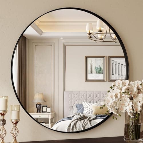 Image of Clevich Round Wall Mirror 80cm, Black Framed Circle Mirror with Tempered Safety Glass, large Decorative Hanging Vanity Mirror for Wall, Hallway, Bathroom, Living Room & Bedroom Decor