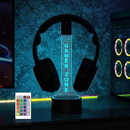 Image of Light up Headphone Stand for Desk, Gaming Headset Holder RGB with 16 Color Lights for Game Room Decor, Cool Gamer Gifts for Men Boyfriend (Gamer Zone)