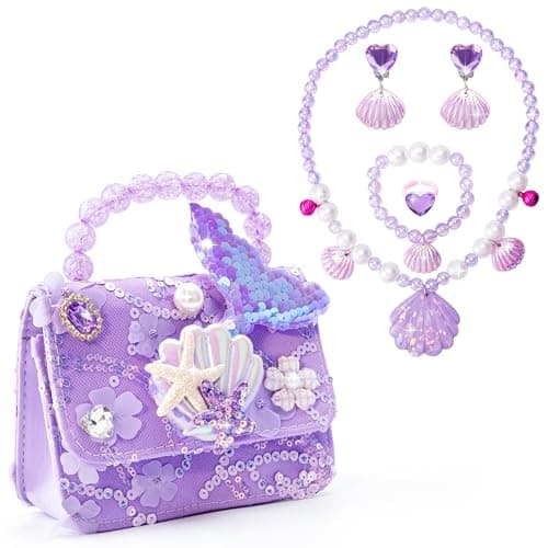 Image of Little Girls Handbag Mermaid Theme Crossbody Bag Purse with Kids Dress Up Jewelry Set Necklace Earring Bracelet Ring Mini Flip Wallet Bag Set Dress Up Party Favors for Little Girls, 3-7 Years Old