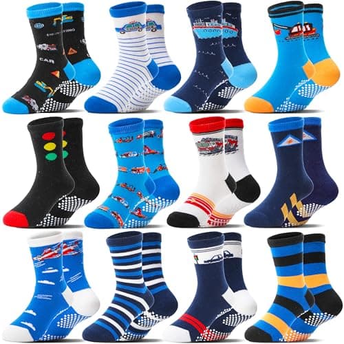Image of Welwoos Baby Boys Toddlers Grips Socks Non Slip Anti Skid Funny Cartoon Cosy Crew Cotton Gifts Socks 12 Pairs Stocking Fillers(Mix Blue Styles,1-3 T)
