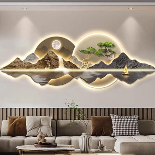 Image of Tqertrtfxa 3D Wall Hanging Art with LED Light – Modern Chinese Landscape Decor,art with warm lights,wall decorative suitable for living room,bedroom and office(E,150 * 50cm/59.1 * 19.7in)