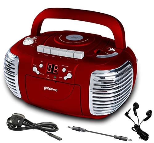 Image of Portable Retro Boombox CD Player, Cassette Tape RECORDER, FM Radio, AUX IN (Play music from MP3 players, Smart Phones, Tablets, etc) Inc: Earphones, 3.5mm Jack Lead & UK Power Lead (Red)