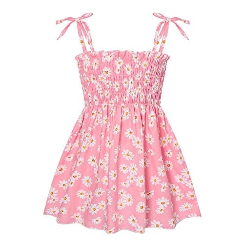 Image of Toddler Girls Dresses Floral Print Summer Dress Kids Sling Dress A-Line Swing Casual Beach Party Dresses for Girls 1-6 Years Pink