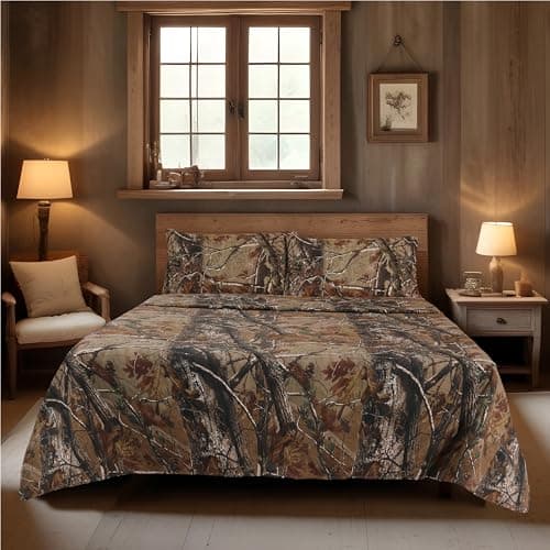 Image of Realtree All Purpose Camo Sheet Set - 4 Piece Camouflage Printed Bedding - Percale Weave Super Soft Cotton 100 GSM Fabric - Easy Care Forest Theme Sheet Set for Bedroom, Hunting & Outdoor - (Full)