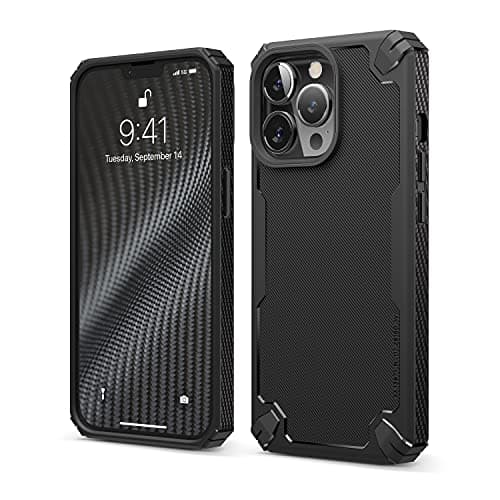 Image of elago Armor Case Compatible with iPhone 13 Pro Case (6.1"), Heavy-Duty Protective Case, Premium TPU, Carbon Fiber Texture, Tough Rugged Design, Full Body Protection, Shockproof Bumper Cover (Black)