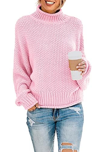 Image of YUNDAI Womens Jumpers Turtleneck Batwing Long Sleeve Loose Oversized Sweater Knitted Pullover Solid Color Chunky Tops for Winter, Large Pink