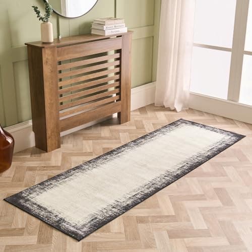 Image of OHS Runner Rugs for Hallway Non-Slip, Abstract Printed Rugs Living Room Lounge Office Bedroom Washable Rug Kitchen Runner Low Pile Vintage Long Hallway Runner Bedroom Carpet, Monochrome - 66 x 200cm