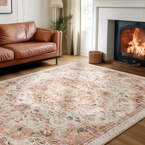 Image of SONGMICS HOME Area Rug, 160 x 230 cm Rug for Bedroom, Non-Slip Carpet, Traditional Vintage Style, Home Decor, for Living Room, Kitchen, Dining Room, Machine Washable, Cappuccino Beige TAR033L01