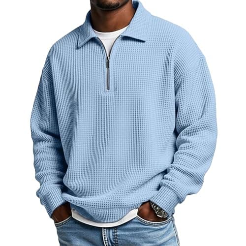 Image of Mens Waffle Knit Jumper Sweatshirt Long Sleeve Solid Color Minimalist Half Zip Neck Top Golf Plain Cozy Light Blue L