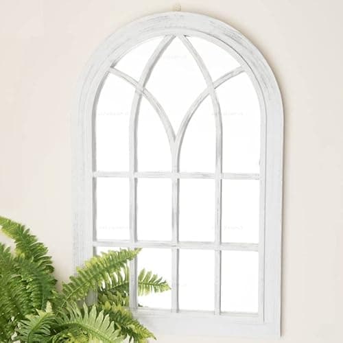Image of DEENZ Extra Large White Rustic Window Soho Style Mirror Hallway Vanity Wall Elegant Vintage Style 92x62cm (White Rustic)