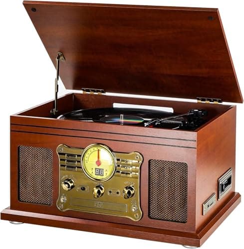 Image of 10-in-1 Bluetooth Record Player Multifunctional 3-Speed Turntable for Vinyl Record with Stereo Speaker,LP Vinyl to MP3 Converter with CD, Cassette Player,FM Radio,Wireless Music Streaming | Mahogany