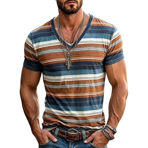 Image of Men's Summer Short Sleeve T-Shirts with Round Neck Horizontal Distressed Effect for Casual Comfort Base, khaki, XL
