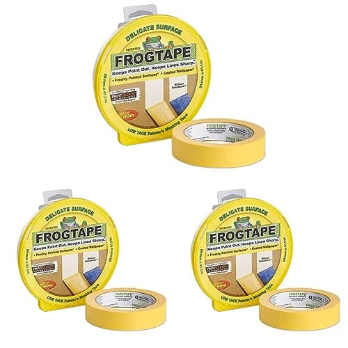 Image of Frog Tape Yellow Delicate Surface Painters Masking Tape 24mm x 41.1m Hanging Pack. Indoor painting and decorating for sharp lines and no paint bleed (Pack of 3)