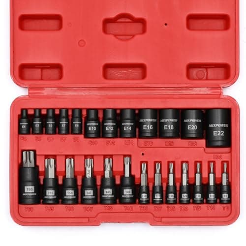 Image of MIXPOWER 25-Piece Torx Bit and Female External Socket Set, 13 Star Bits (T8- T60) & 12 Female E-Torx (E4-E22), Professional Grade Auto & Motorcycle Mechanic Socket Set