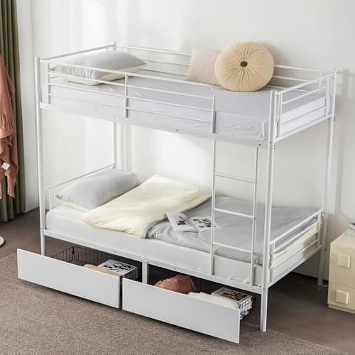 Image of Karl home Heavy Duty Metal Bunk Bed Frame with 2 Large Drawers, Space Saving Double Single High Loft Beds w/Guardrails & Ladder for Small Rooms, Adults Teen Fit for 5"-8" Mattress, White