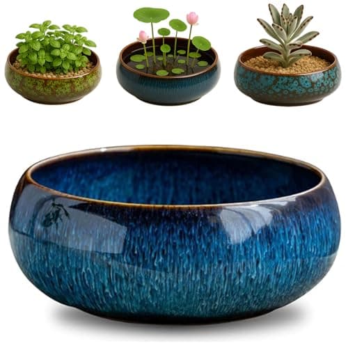 Image of Oncpcare Lotus Bowl Planter – Ceramic Water Plant Pot Sacred Bonsai Bowl Lotus Flower, Shallow Glazed Vase for Lotus Seeds, Bonsai, Succulents, Hydroponic Plants (Blue)