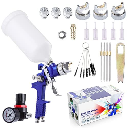 Image of Pindex Gravity Feed HVLP Spray Gun with Air Regulator 1.4 1.7 2.0 2.5 mm 4 Nozzles, Paint Sprayer with 1000 ml Cup for Car Wall Furniture Painting Fence
