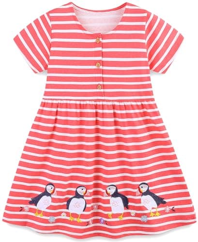 Image of Langubaby Summer Dresses for Girls Flower Button Dress Casual Short Sleeve Cotton Little Kids Clothes Age 1-7 Years (2-3 Years, Stripe Penguin)