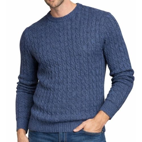 Image of Xact Mens Cable Knit Jumper – Cotton Rich Crew Neck Aran Knitwear Pullover, Textured Midweight Winter Sweater (Light Denim) M