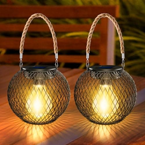 Image of Liuyife Metal Solar Lantern Waterproof IP65, Auto On Off 2 Pack Hanging Lanterns with Bulbs, Outdoor LED Solar Garden Lights for Patio Decoration Lawn Table Fence Ornaments