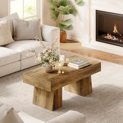 Image of Tribesiigns Farmhouse Coffee Table, 120cm Wooden Rectangular Accent Center Tables with Thick Base, Modern Low Cocktail Tea Furniture for Living Room