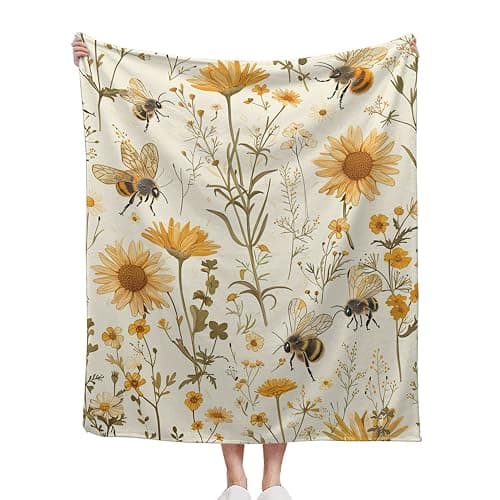 Image of CIAIDU Blanket Yellow Wildflowers Lightweight Soft Throw Blanket for Girls Teens Women, Cute Bees Fuzzy Blanket Home Room Decor 50x60 Inches
