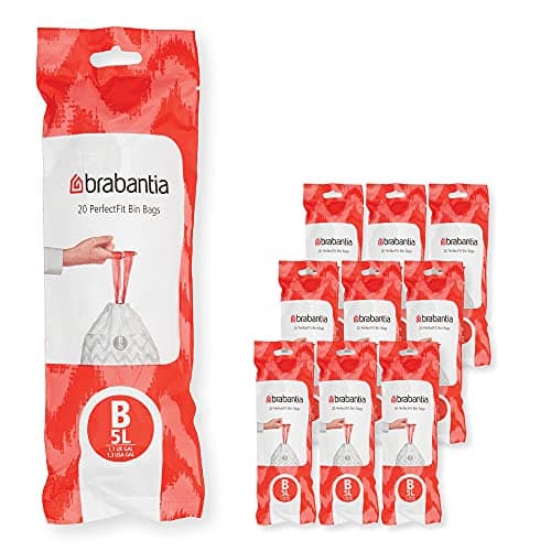 Image of Brabantia 100314 PerfectFit Bin Liners Multipack (Size B/5 Litre) Thick Plastic Trash Bags with Tie Tape Drawstring Handles (200 Bags), White