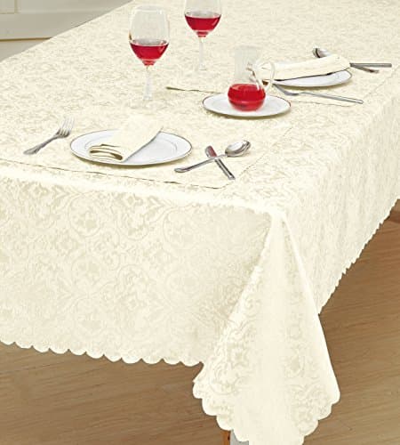 Image of Prime Linens Home Decorative Classic Damask Printed Jacquard Tablecloth Rectangle Round Runner Napkin Table Cover Cloth Protector for Kitchen Picnic (Cream, Rectangle 70" x 108")