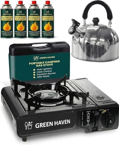 Image of GREEN HAVEN Camping Stove Bundle – Portable Gas Stove, Camping Kettle & 4 Butane Gas Canisters | 2100W Gas Cooker with Carry Case | EN417 | Camping Gas Stove with Auto-Ignition, Adjustable Flame