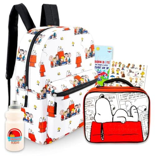 Image of Peanuts Backpack with Lunch Box - Bundle with 16” Backpack Featuring Snoopy, Charlie Brown, More Plus Lunch Box, Water Bottle, Tattoos | Peanuts School Bag for Kids