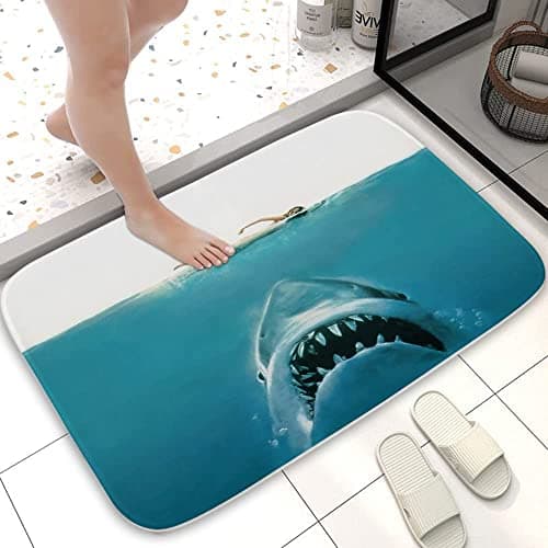 Image of Bioputty Shark Beach Nautical Jaws Indoor Outdoor Entrance Door Mat Non-Slip Bath Rug Bathmat Decor Small Area Rug Carpet Kitchen Floor Mats 45cm x 76cm Blue