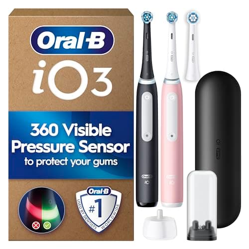Image of Oral-B iO 3 Electric Toothbrush | 2-Pack for Couples or Family | Matt Black & Blush Pink | 3 Brush Heads | Long-Lasting Battery | Travel Case | Brush Head Holder
