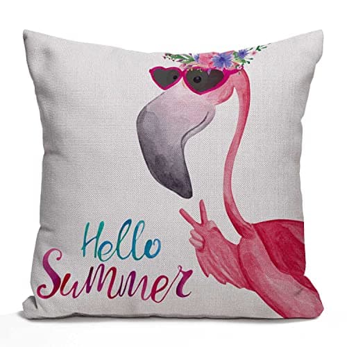 Image of Tomda Hello Summer Flamingo Decorative Cushion Cover Watercolor Flamingo in Sunglasses and Floral Wreath Decoration Throw Pillow Case Home Decor 45x45cm 18x18 Inch Cotton Linen for Sofa Couch