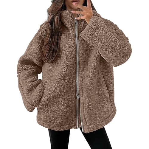 Image of DUHENWU Fleece Jacket Women's Warm Double-Cut Velvet Jacket Thick Leisure Jacket Zip Lapel Teddy Jacket Solid Colour Fleece Jacket with Pockets Zipper Winter Coat Brown