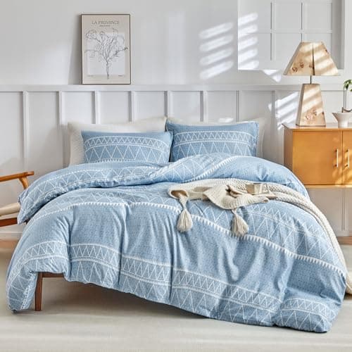 Image of Lekesky Super King Size Duvet Cover Sets Blue Bedding - Boho Stripe Print Super King Duvet Set (1x Duvet Cover, 2x Pillowcases) Ultra-Soft Microfibre Blue Duvet Cover Super King