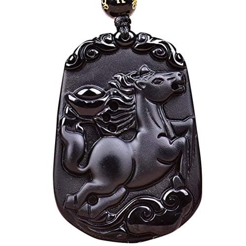 Image of juanxian Feng Shui Natural Obsidian Gemstone Zodiac Zodiac Carving Amulet Pendant Necklace W4015 (Horse，Adaptable)