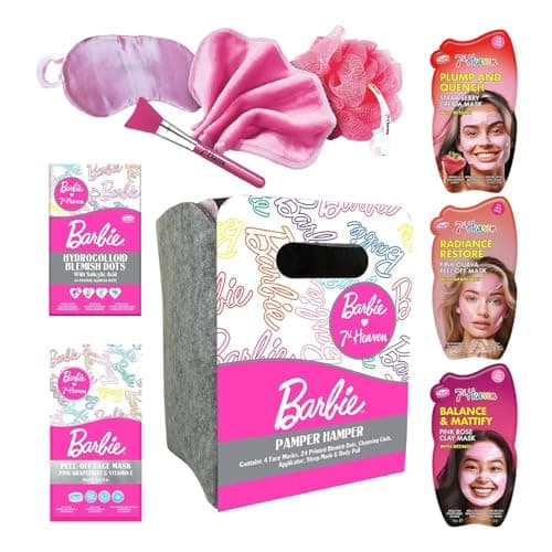 Image of 7th Heaven Barbie Pamper Hamper (Contains 4 Face Masks, 24 Spot Patches, Cleansing Cloth, Applicator, Sleep Mask, Body Puff) Pamper Gifts for Women & Girls - Genuine 7th Heaven Girls Skincare Gift Set