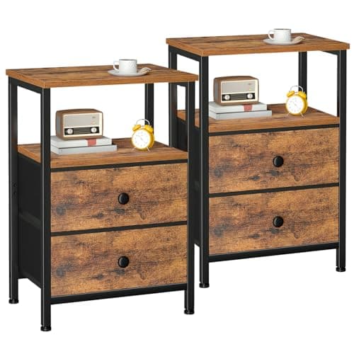 Image of LOAKEKEL Bedside Table Set of 2, Side Table with 2 Fabric Drawers, Bedroom Bedside Cabinet with Open Storage Shelf, End Table, Nightstand for Living Room, Small Spaces, Rustic Brown UHETS002BR